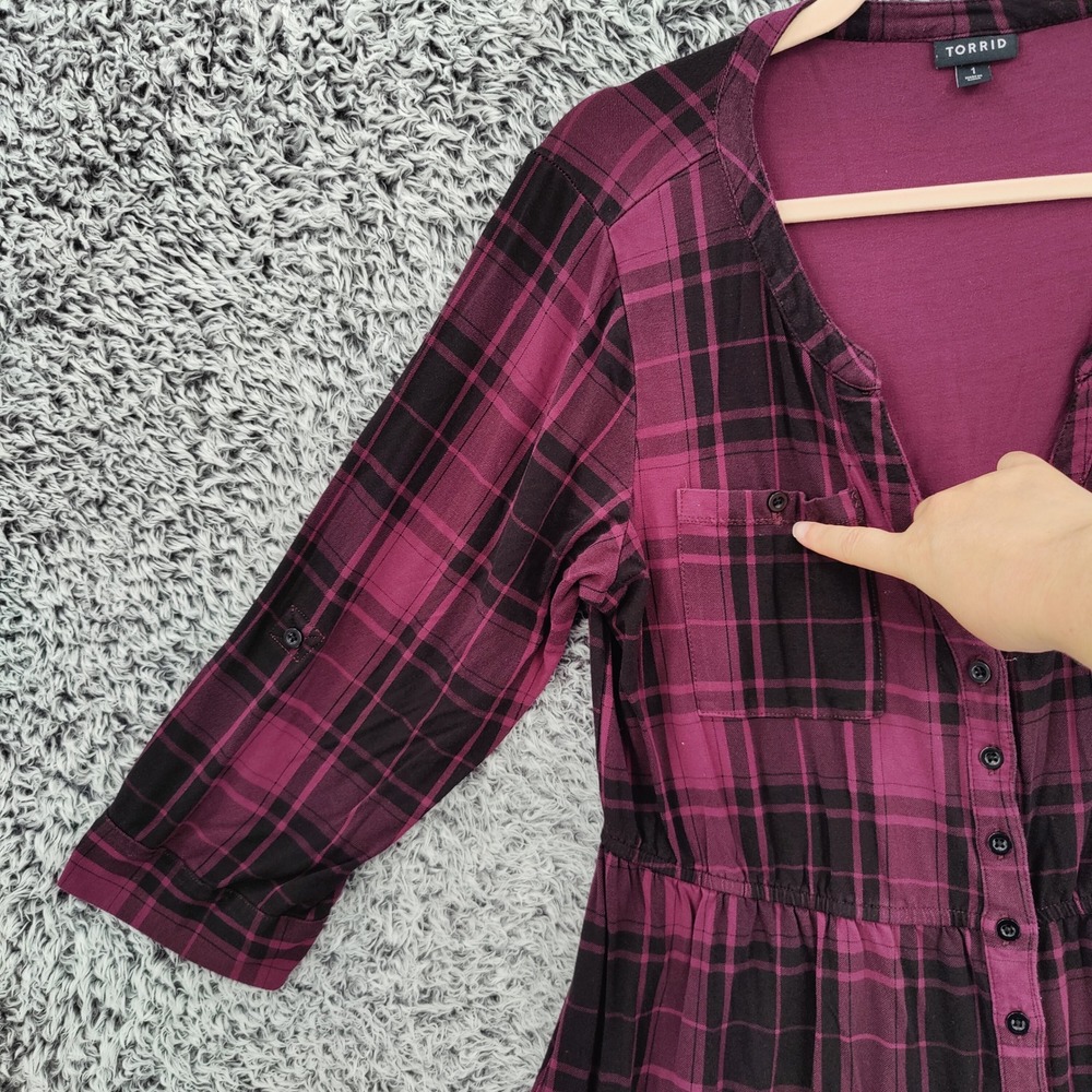 Torrid Women Grunge Dark Academia Plaid Shirt Dress 1X Purple Black Button Front - Picture 10 of 16